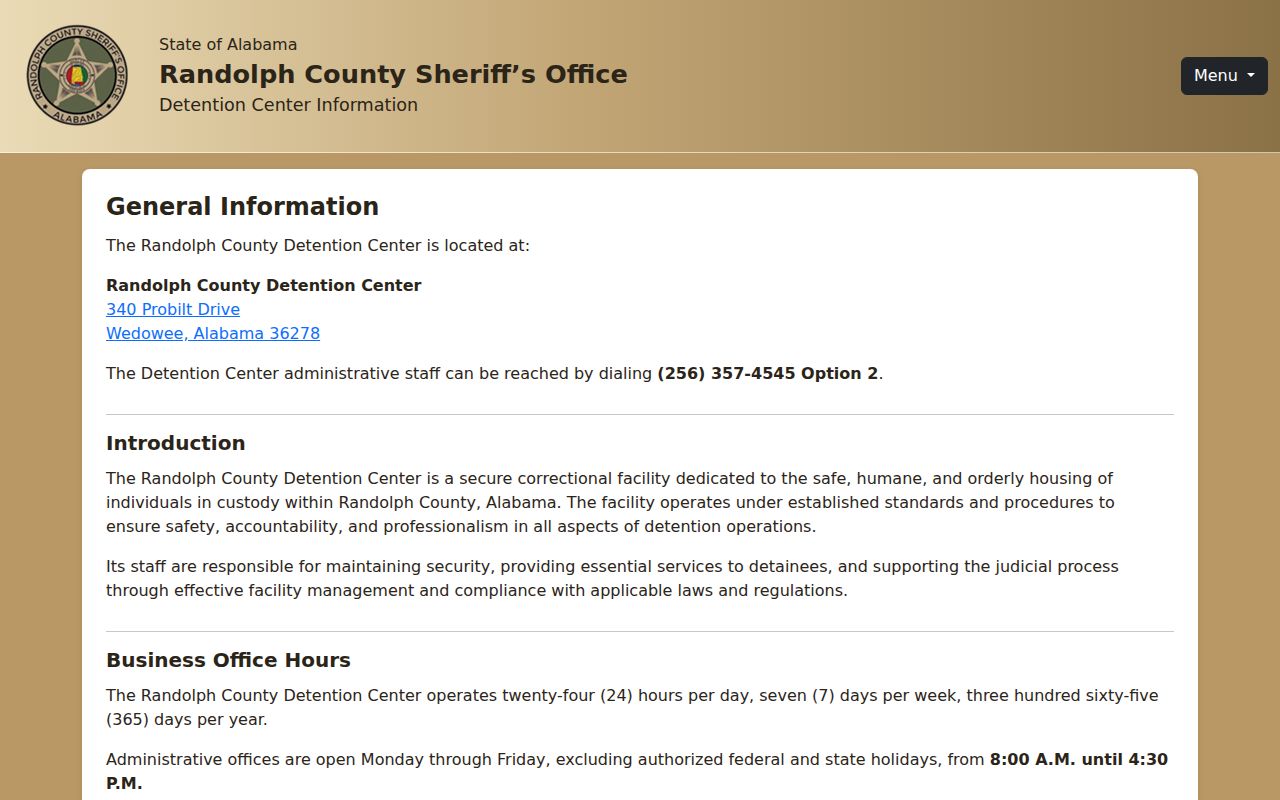 Randolph County Detention Center contact and release property rule